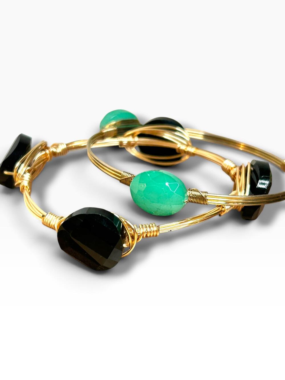 2 Wire Wrapped Bangle Bracelets Gold Tone Black and Green Accents Stackable